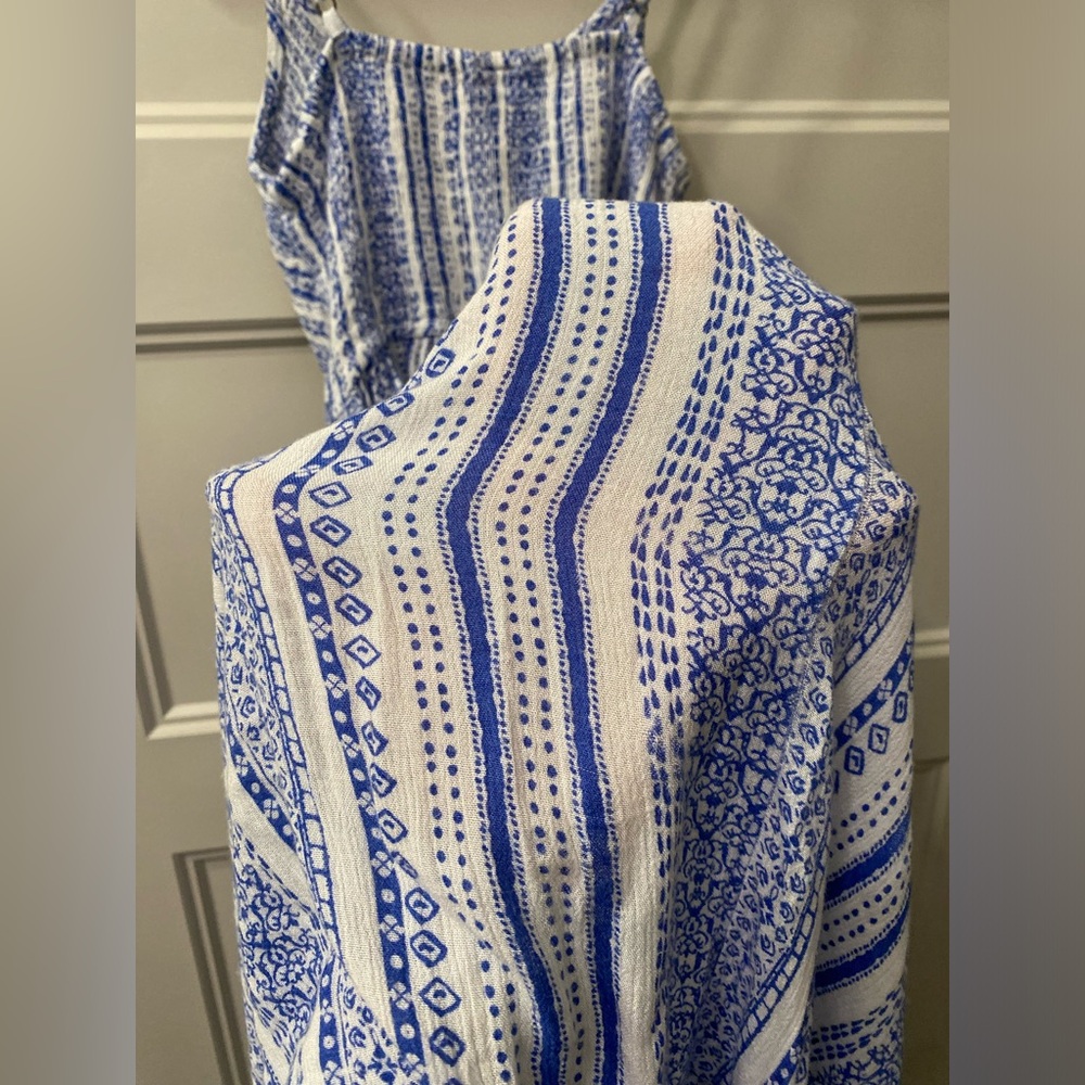 Japna~Adorable Blue & White Patterned Flowy Midi Dress W/ Smocked Top~Size XS - Picture 7 of 9